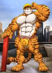  2017 abs anthro barefoot biceps big_muscles black_claws brown_eyes brown_fur bulge city claws clothed clothing feline fur grisser hi_res looking_at_viewer male mammal muscular muscular_male navel orange_fur outside pecs penis_outline raised_arm smile solo standing stripes tiger toe_claws toes topless underwear white_fur 