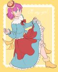  blue_eyes boots chin_strap closed_mouth dress english full_body hat long_sleeves looking_at_viewer mefomefo mini_hat parody purple_hair ribbon skirt_hold smile solo touhou yellow_background 
