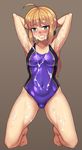  arms_behind_head artoria_pendragon_(all) barefoot blonde_hair blush bukkake clenched_teeth competition_swimsuit covered_navel covered_nipples cum cum_on_body cum_on_clothes cum_on_hair cum_on_lower_body cum_on_upper_body facial fate/stay_night fate_(series) full_body green_eyes half-closed_eyes highres kneeling long_hair looking_at_viewer nt00 one-piece_swimsuit parted_lips purple_swimsuit saber solo swimsuit teeth 