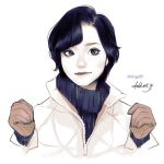  1girl artist_name black_hair black_sweater blue_eyes closed_mouth coat commentary english_commentary gloves layered_clothing looking_at_viewer original partially_unzipped short_hair simple_background solo sweater takenaka turtleneck turtleneck_sweater upper_body watermark web_address white_background white_coat 