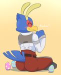  2014 acstlu anthro avian beak bird blue_feathers blue_fur blush butt clothed clothing crossed_legs digital_media_(artwork) easter egg eyes_closed fake_ears falco_lombardi feathers fur hi_res holidays male nintendo rear_view sitting smile solo star_fox tail_feathers tight_clothing video_games 