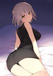  black_dress black_panties breasts dress fate/grand_order fate_(series) from_behind hair_between_eyes haruyuki_(yukichasoba) highres jeanne_d'arc_(alter)_(fate) jeanne_d'arc_(fate)_(all) large_breasts light_brown_hair looking_at_viewer looking_back lying panties short_dress short_hair solo underwear yellow_eyes 