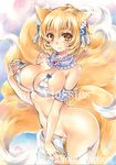  animal_ears arm_garter artist_name at_classics bangs blonde_hair breasts closed_mouth collar covered_nipples cowboy_shot detached_collar eyebrows_visible_through_hair fox_ears fox_tail frilled_collar frills groin hair_between_eyes large_breasts looking_at_viewer multiple_tails navel panties sample short_hair side-tie_panties smile solo stomach tail tail_censor touhou traditional_media underwear watermark white_panties yakumo_ran yellow_eyes 