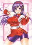  artist_name asamiya_athena at_classics bangs bike_shorts breasts cowboy_shot earrings eyebrows_visible_through_hair fingerless_gloves gloves hair_ornament hairband jewelry large_breasts long_hair looking_at_viewer open_mouth purple_eyes purple_hair red_gloves red_hairband sample short_sleeves solo star star_hair_ornament the_king_of_fighters the_king_of_fighters_'98 traditional_media watermark 