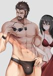  1girl abs beard berezovich_kryuger_(girls_frontline) black_hair breasts bulge cleavage facial_hair girls_frontline helianthus_(girls_frontline) large_breasts looking_at_another looking_at_viewer luse_maonang male_swimwear monocle muscle mustache red_eyes scar swim_briefs swimsuit swimwear toned toned_male white_background yellow_eyes 
