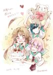  3girls :d ahoge arms_up birthday_cake blush brown_eyes brown_hair cake candle closed_eyes closed_mouth commentary_request crying crying_with_eyes_open dated dessert eyebrows_visible_through_hair eyepatch fang food green_hair hair_between_eyes hair_grab heart highres huge_ahoge kantai_collection kiso_(kantai_collection) kuma_(kantai_collection) long_hair mitoko_(kuma) multiple_girls neckerchief open_mouth pink_hair plate purple_hair red_ribbon ribbon sailor_collar school_uniform serafuku shirt short_hair short_sleeves smile stuffed_animal stuffed_toy tama_(kantai_collection) tears translated twitter_username upper_body 