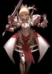  aqua_eyes armor black_background blonde_hair clarent famepeera fate/apocrypha fate_(series) gauntlets highres holding holding_sword holding_weapon long_hair looking_at_viewer md5_mismatch mordred_(fate) mordred_(fate)_(all) ponytail simple_background smile solo sword weapon 
