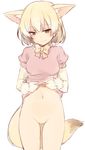  animal_ears blonde_hair blush bottomless bow bowtie brown_eyes censored cowboy_shot fennec_(kemono_friends) fox_ears fox_tail kemono_friends lifted_by_self light_smile looking_at_viewer mosaic_censoring nagami_yuu navel pussy shirt_lift short_hair simple_background sketch solo tail white_background 