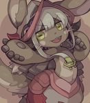 :3 animal_ears big_hat commentary_request ears_through_headwear fang flat_chest fur furry goat_eyes looking_at_viewer made_in_abyss nanachi_(made_in_abyss) neonraizu open_mouth paws simple_background smile solo tail whiskers white_hair yellow_eyes 