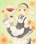  :o animal_ears apron aqua_eyes bangs black_footwear black_skirt blonde_hair blunt_bangs blush bolo_tie bunny_ears chestnut_mouth commentary_request cup english fake_animal_ears flat_chest fleur_de_lapin_uniform floppy_ears floral_background flower frilled_apron frilled_cuffs frilled_shirt frilled_skirt frills gochuumon_wa_usagi_desu_ka? green_background happy_birthday highres kirima_sharo looking_at_viewer maid_headdress open_mouth potamaru puffy_short_sleeves puffy_sleeves saucer shirt shoes short_hair short_sleeves skirt skirt_hold solo standing standing_on_one_leg striped striped_background tea teacup teapot thighhighs underbust vertical-striped_background vertical_stripes waist_apron wavy_hair white_apron white_legwear white_shirt wrist_cuffs zettai_ryouiki 