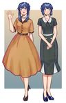  alternate_costume arm_at_side belt blue_eyes blue_footwear blue_hair brown_dress brown_footwear drawfag dress hand_up hands_together hikari_(pokemon) jewelry looking_at_viewer multiple_girls necklace pokemon pokemon_(anime) salvia_(pokemon) shoes standing 