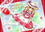  :d alternate_color apron bangs blonde_hair bowler_hat christmas collared_shirt dress dutch_angle elbow_gloves eyebrows_visible_through_hair eyes_visible_through_hair frilled_dress frills gloves hair_between_eyes hat hat_ribbon highres io_(maryann_blue) kana_anaberal lace looking_at_viewer maid_apron merry_christmas no_shoes open_mouth pantyhose puffy_short_sleeves puffy_sleeves purple_ribbon red_dress ribbon road_sign shirt short_hair short_sleeves sign sitting smile solo tongue touhou touhou_(pc-98) traditional_media waist_apron watercolor_(medium) white_gloves white_hat white_legwear yellow_eyes 