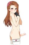  ass black_gloves blush breasts brown_hair censored closed_mouth commentary_request cowboy_shot cropped_legs erection flat_ass foreskin from_side futanari gloves hairband hands_on_own_chest heart heart_censor highres hisakawa_riho idolmaster idolmaster_(classic) long_hair looking_at_viewer minase_iori nipples nude penis red_eyes revision simple_background small_breasts solo standing straight_hair testicles thighhighs veins veiny_penis white_background white_legwear 