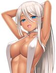  :d armpits arms_up blue_eyes breasts collarbone commentary_request dark_skin elf eyebrows_visible_through_hair hair_between_eyes hands_in_hair lambda_(kusowarota) large_breasts long_hair looking_at_viewer open_mouth pointy_ears rowanna_(sennen_sensou_aigis) sennen_sensou_aigis simple_background smile solo upper_body white_background white_hair 