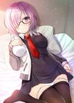  bangs bedroom black_dress blanket blush closed_mouth dress eyebrows_visible_through_hair fate/grand_order fate_(series) hair_over_one_eye hand_on_own_chest hijiri_ruka hood hoodie indoors lavender_hair looking_at_viewer lying mash_kyrielight necktie on_back on_bed open_clothes open_hoodie panties panty_pull pantyhose pantyhose_pull pillow purple_eyes purple_hair red_neckwear short_dress short_hair solo underwear white_panties 