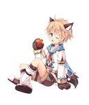  ;o amemiya_ruki animal_ears apple aura_kingdom bitten_apple blonde_hair boots crossed_legs fang food fruit full_body hansel_(aura_kingdom) holding long_sleeves looking_at_viewer male_focus one_eye_closed pom_pom_(clothes) shorts sitting solo tail transparent_background wolf_ears wolf_paws wolf_tail 