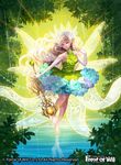  bare_shoulders barefoot blonde_hair copyright_name crown curly_hair fairy_wings flower force_of_will gloves green_eyes leaf long_hair misa_tsutsui official_art rain solo sparkle staff water wings 