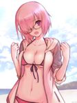  artist_name beach bikini breasts cowboy_shot fate/grand_order fate_(series) glasses hair_over_one_eye jacket looking_to_the_side mash_kyrielight medium_breasts navel open_clothes open_jacket open_mouth p-kana pink_bikini pink_hair purple_eyes short_hair solo swimsuit 