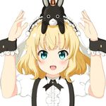  animal animal_ears animal_on_head anko_(gochiusa) aqua_eyes arms_up bangs blonde_hair blunt_bangs blush bolo_tie bunny bunny_ears bunny_on_head collared_shirt commentary_request crown eyebrows_visible_through_hair fake_animal_ears flat_chest fleur_de_lapin_uniform floppy_ears frilled_cuffs frilled_shirt frills gochuumon_wa_usagi_desu_ka? kirima_sharo looking_at_viewer maid_headdress miicha mini_crown on_head open_mouth puffy_short_sleeves puffy_sleeves shirt short_hair short_sleeves simple_background smile sweatdrop underbust wavy_hair white_background white_shirt wrist_cuffs 