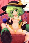  areola_slip areolae bikini black_hat bow breasts closed_mouth collarbone commentary_request curtains frilled_skirt frills front-tie_bikini front-tie_top green_eyes green_hair green_skirt hat hat_bow head_tilt heart heart_of_string indoors isa komeiji_koishi looking_at_viewer navel shirt skirt skirt_around_one_leg small_breasts smile solo spread_legs swimsuit third_eye touhou untied untied_bikini wide_sleeves window yellow_bikini yellow_shirt 