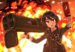  black_hair cellphone commentary dreadtie explosion explosive grenade highres m202 open_mouth original phone purple_eyes rocket_launcher self_shot short_hair signature smartphone solo standing weapon 