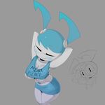  2014 big_breasts blush breasts cleavage clothed clothing eyes_closed female hi_res high-angle_view humanoid jenny_wakeman machine miniskirt my_life_as_a_teenage_robot not_furry raised_arm robot skimpy skirt smile solo sweat theboogie under_boob 