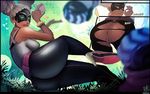  1girl anus arms_(game) ass back bare_shoulders black_pants blue_eyes breasts catcouch cup dark_skin domino_mask drill_hair grass huge_ass lipstick medium_breasts nintendo pussy sleeveless solo torn_pants twintails twintelle_(arms) white_hair 