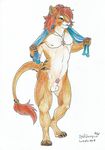  2017 anthro badquinqut balls blue:eyes claws craeque erection feline fur hair jewelry lion male mammal necklace nipples nude penis pinup portrait pose red_fur red_hair simple_background smile solo tattoo towel wristband 