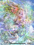  ahoge bare_shoulders bird blonde_hair blue_eyes copyright_name curly_hair day feathered_wings flower force_of_will gloves leaf nanahara_shie official_art sky solo sparkle wings 