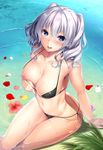  :d bangs bikini black_bikini blue_eyes blush breasts collarbone day eyebrows_visible_through_hair flower from_above hair_between_eyes highres kantai_collection kashima_(kantai_collection) large_breasts long_hair looking_at_viewer looking_up micro_bikini navel nipples nironiro one_breast_out open_mouth outdoors partially_submerged petals side-tie_bikini sidelocks silver_hair sitting smile solo swimsuit thighs tongue tsurime twintails wavy_hair wet 