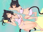  absurdres animal_ears arutera banned_artist bare_legs barefoot black_hair blue_eyes breasts bright_pupils camisole cat_ears cat_tail cleavage highres kneeling long_hair looking_away lying medium_breasts midriff multiple_girls navel original panties parted_lips pink_panties short_hair small_breasts tail underwear underwear_only white_pupils yellow_eyes 