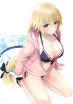 bikini bikini_under_clothes blonde_hair blue_bikini blush bow braid breasts cleavage collarbone commentary_request fate/apocrypha fate/grand_order fate_(series) hair_bow hinoshita_akame hood hoodie innertube jacket jeanne_d'arc_(fate) jeanne_d'arc_(fate)_(all) large_breasts long_hair looking_at_viewer looking_up navel open_clothes open_jacket pink_jacket purple_eyes sandals seiza side-tie_bottom simple_background sitting smile solo swimsuit thighs white_background 