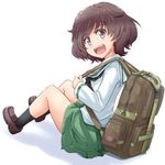  akiyama_yukari backpack bag black_legwear black_neckwear blouse brown_eyes brown_footwear brown_hair commentary_request girls_und_panzer green_skirt kitayama_miuki loafers long_sleeves looking_at_viewer messy_hair miniskirt neckerchief ooarai_school_uniform pleated_skirt school_uniform shoes short_hair simple_background skirt socks solo white_background white_blouse 