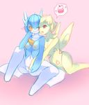  &lt;3 2014 alternate_color alternate_species anthro blue_hair blush breasts digital_media_(artwork) duo female gardevoir hair hi_res humanoid humanoidized looking_at_viewer mammal nintendo nipples not_furry nude one_eye_closed open_mouth orange_eyes pink_background poffin pok&eacute;mon pok&eacute;morph pussy pussy_juice raikissu shiny_pok&eacute;mon short_hair simple_background sitting smile togetic video_games 