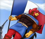  2017 abs anthro avian beak biceps bird cape chest_tuft chicken cloth clothed clothing cloud corrsk day digital_media_(artwork) eiffel_tower feathers flag france french french_flag invalid_tag male muscular muscular_male national_day outside pecs sky solo standing tuft 