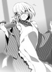  :o absurdres apron bangs blush cowboy_shot cup eyebrows_visible_through_hair fate/grand_order fate_(series) flying_sweatdrops frilled_apron frills glasses greyscale hair_over_one_eye hair_ribbon hands_up highres holding holding_tray japanese_clothes kimono looking_to_the_side mash_kyrielight monochrome nina_(pastime) open_mouth ribbon semi-rimless_eyewear short_hair solo teacup tray under-rim_eyewear wa_maid yagasuri yamoge 