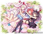  animal animal_ears artist_name bangs bare_legs barefoot black_footwear black_hair black_hairband black_legwear blue_shorts blunt_bangs blush bunny_ears cat character_request closed_mouth copyright_name fake_animal_ears hairband kai-ri-sei_million_arthur lying midriff_peek million_arthur_(series) multiple_girls navel nyanya official_art on_back on_side open_mouth pink_hair shoes short_shorts shorts sleeping socks thighhighs twintails uasaha white_hair 