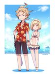  1boy 1girl alternate_costume ayuto blonde_hair blue_eyes djeeta_(granblue_fantasy) floral_print granblue_fantasy hand_holding hawaiian_shirt headband shirt short_hair siete smile yellow_eyes 