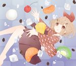  :q bangs barefoot blue_background blunt_bangs brown_eyes brown_skirt cherry coffee_beans commentary_request eyebrows_visible_through_hair food fruit hair_ornament hair_ribbon hakama_skirt highres horns ice ice_cube japanese_clothes kimono kiwifruit light_brown_hair long_sleeves mandarin_orange meiji_schoolgirl_uniform original pineapple pleated_skirt potamaru print_kimono red_ribbon ribbon short_eyebrows skirt smile solo thick_eyebrows tongue tongue_out tsurime water_drop wavy_hair wide_sleeves x_hair_ornament yagasuri 