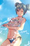  alternate_hairstyle bikini cloud cowboy_shot day double_bun green_eyes green_hair grin hatsune_miku looking_at_viewer nail_polish navel one_eye_closed shiomizu_(swat) shirt side-tie_bikini sky smile solo striped striped_bikini swimsuit vocaloid water wet wet_clothes wet_shirt 