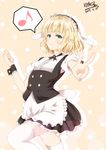  animal_ears apron aqua_eyes bangs black_skirt blonde_hair blunt_bangs bolo_tie breasts bunny_ears closed_mouth collared_shirt commentary_request cowboy_shot dated eighth_note fake_animal_ears fleur_de_lapin_uniform floppy_ears frilled_apron frilled_cuffs frilled_shirt frilled_skirt frills gochuumon_wa_usagi_desu_ka? highres hinata_tino kirima_sharo looking_at_viewer maid_headdress musical_note outstretched_arm polka_dot polka_dot_background puffy_short_sleeves puffy_sleeves shirt short_hair short_sleeves signature silhouette skirt small_breasts smile solo speech_bubble spoken_musical_note standing standing_on_one_leg thighhighs thighs tsurime underbust v waist_apron wavy_hair white_apron white_legwear white_shirt wing_collar wrist_cuffs yellow_background zettai_ryouiki 