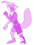 2017 belt bracelet canine clothed clothing digital_drawing_(artwork) digital_media_(artwork) disney feathers fluffy fox hair hat hornbuckle jewelry looking_away mammal medallion monochrome open_mouth open_smile purple_and_white robin_hood robin_hood_(disney) signature simple_background sketch smile solo standing transformation white_background white_hair 