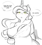  2015 anthro anthrofied big_breasts breasts clothed clothing dialogue english_text equine feathered_wings feathers female friendship_is_magic glacierclear hair half-closed_eyes hi_res horn huge_breasts hypnosis long_hair mammal mind_control monochrome my_little_pony one_breast_out princess_luna_(mlp) solo text winged_unicorn wings 