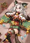  absurdres animal_ears bell bell_collar blush breasts cat_ears cat_nose cat_paws cat_tail cleavage closed_mouth collar grey_hair highres kyuumei_neko_(onmyoji) large_breasts long_hair looking_at_viewer lying on_back onmyoji paws red_eyes solo tail whisker_markings yuewu_zhu_youdi 