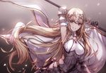  blonde_hair blue_eyes blush breasts eyebrows_visible_through_hair fate/apocrypha fate_(series) flag grin holding holding_flag jeanne_d'arc_(fate) jeanne_d'arc_(fate)_(all) kh_(kh_1128) large_breasts long_hair looking_at_viewer parted_lips smile solo teeth upper_body 