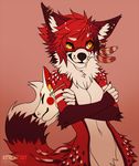 2015 5_fingers anthro black_nose breasts canine ear_piercing featureless_breasts female fox fur hair kero_tzuki mammal piercing pink_background red_hair simple_background smile white_fur 