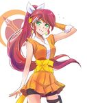  blush bow check_commentary commentary commentary_request crunchyroll emblem green_eyes hair_bow hand_behind_head hime_(crunchyroll) iesupa japanese_clothes long_hair mascot ponytail pyrrha_nikos red_hair rwby smile solo tiara 