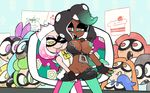  2017 beauty_mark being_watched breasts cephalopod clothing crown dark_skin dress duo duo_focus fangs female female/female fingerless_gloves fondling gloves green_eyes group hair hi_res humanoid inkling jacket looking_pleasured marina_(splatoon) marine mask miscontoku naughty_face nintendo not_furry octoling octopus open_mouth pearl_(splatoon) ponytail short_hair smile splatoon squid surprise tentacle_hair tentacles tongue tongue_out undressing video_games voyeur yellow_eyes 