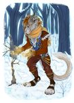  anthro blue_eyes charr claws clothing day demonxiao_(artist) detailed_background fangs feline female flat_chested fluffy fluffy_tail forest fur guild_wars horn magic mammal mane multi_ear snow solo tree video_games winter 