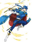  armor blue_eyes blue_hair cape celice_(fire_emblem) fire_emblem fire_emblem:_seisen_no_keifu fire_emblem_heroes full_body gloves headband highres ipev long_hair male_focus open_mouth ponytail sidelocks solo sword teeth torn_clothes transparent_background tyrfing_(fire_emblem) weapon 